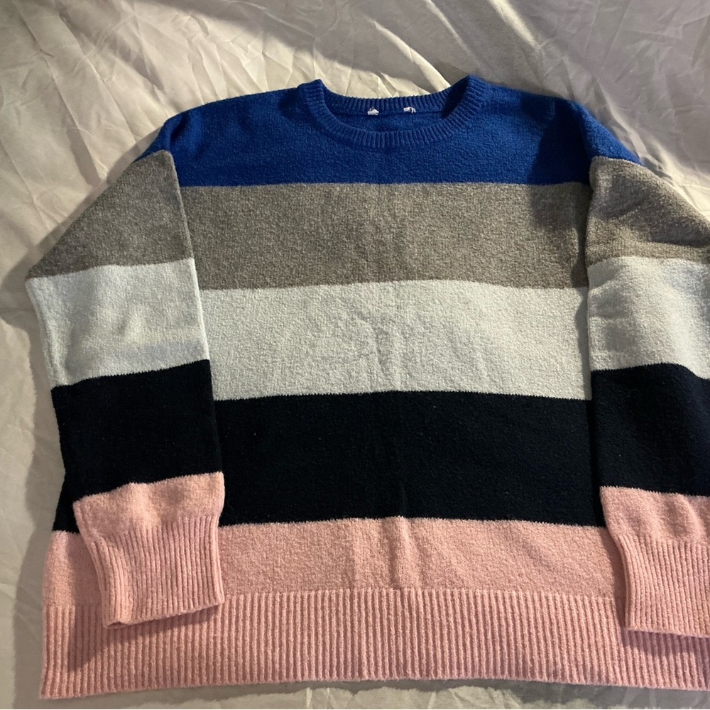 Striped Crewneck Sweater in Blue, Gray, Black & Pink